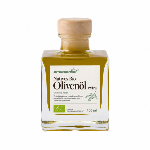 Natives BIO Olivenöl Extra von erassential in der eckigen Geschenkflasche mit 100 ml und Holzkorken