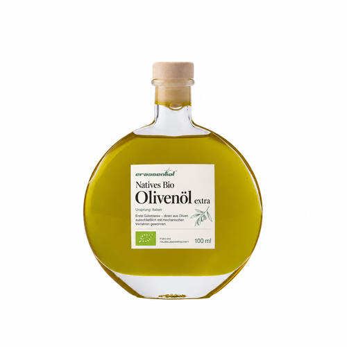 Natives BIO Olivenöl Extra von erassential in der runden Geschenkflasche mit 100 ml und Holzkorken
