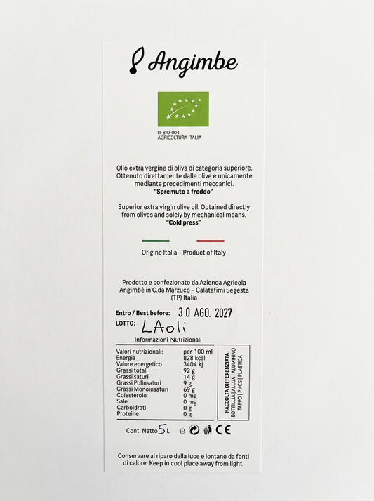 Rückseite des Bio-Olivenöl-Kanisters mit Etikett und Nährwertangaben