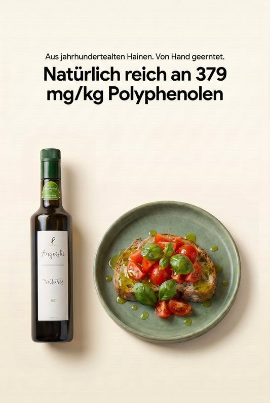 Olivenöl aus Sizilien angerichtet auf Tisch 