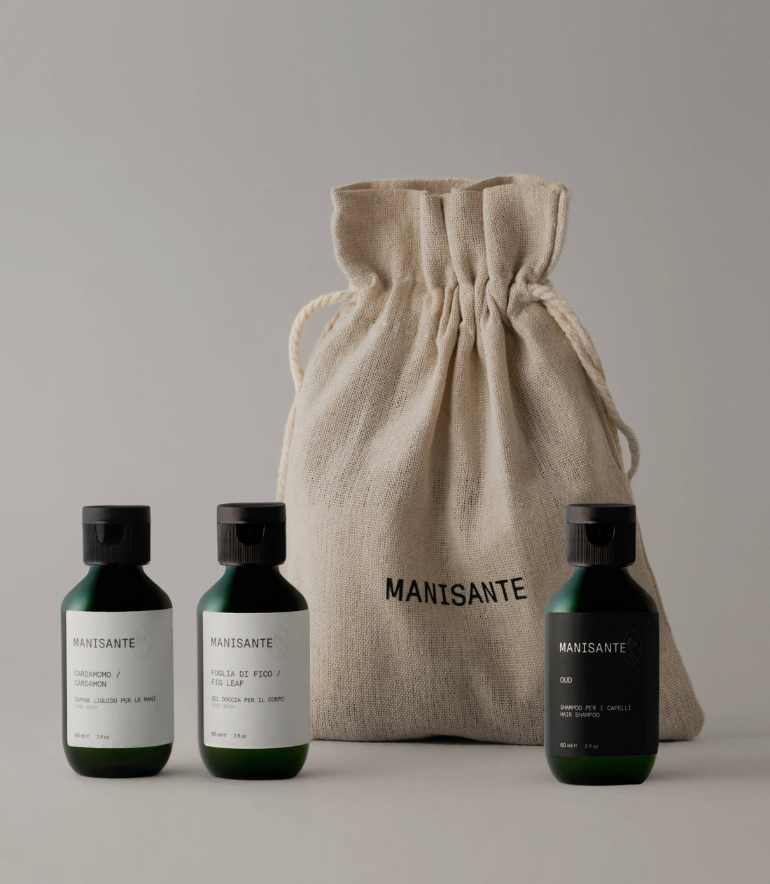 Reiseset mit Handseife, Duschgel und Shampoo für Unterweges im Jutebeutel