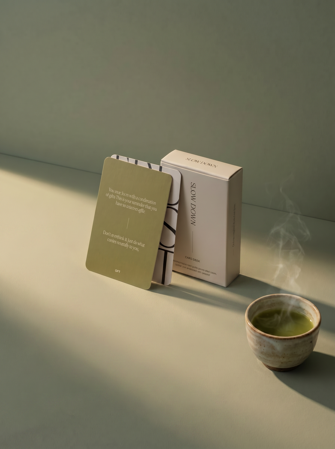 Reflexionskarten vor grünem Hintergrund mit Kaffee Tasse
