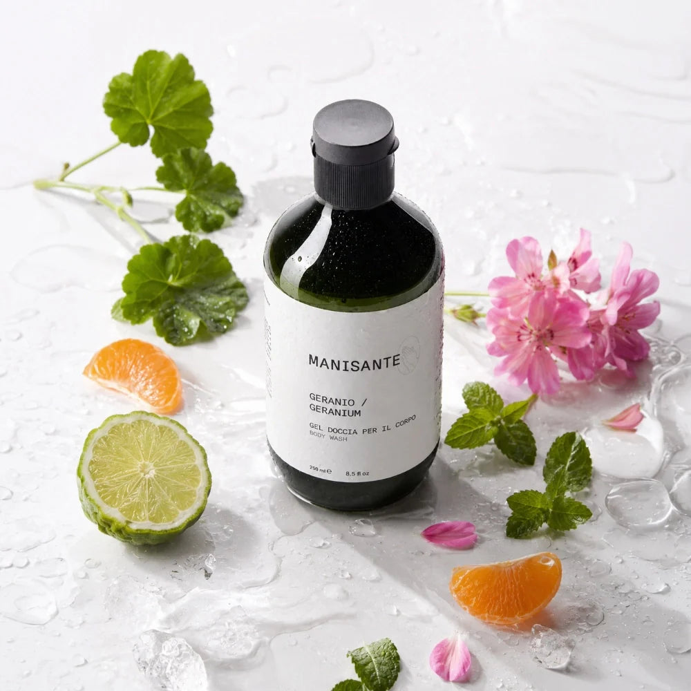 Manisante Duschgel Geranie mit Geranienblüten, Limette und Mandarine