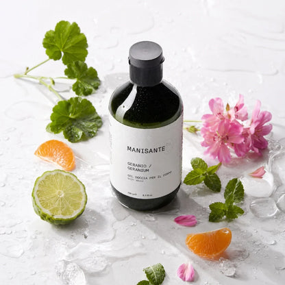 Manisante Duschgel Geranie mit Geranienblüten, Limette und Mandarine