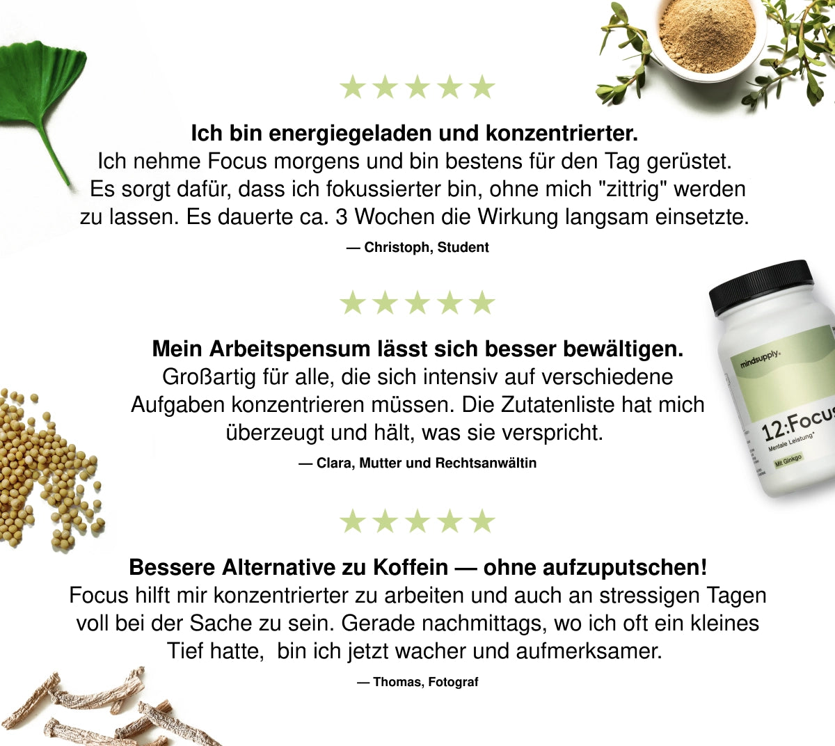 Erfrahungsberichte schriftlich auf weißem Hintergrund mit natürlichen Zutaten drumherum 