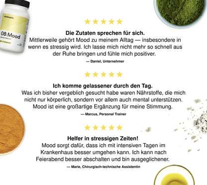 Erfahrungsberichte über mood supplement auf weißem Hintergrund geschrieben mit natürlichen Inhaltsstoffen drumrum eindekoriert
