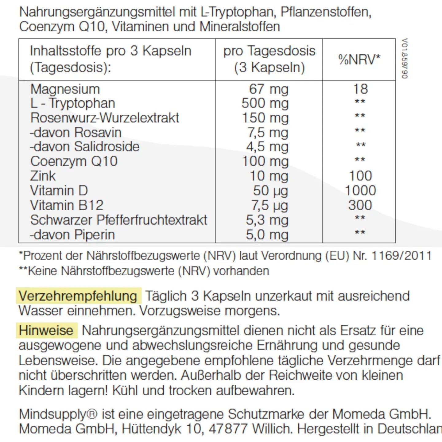 Inhaltsstoffe in Tabelle geschrieben mit Verzehrempfehlung und Hinweise 