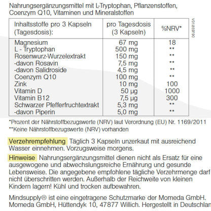 Inhaltsstoffe in Tabelle geschrieben mit Verzehrempfehlung und Hinweise 