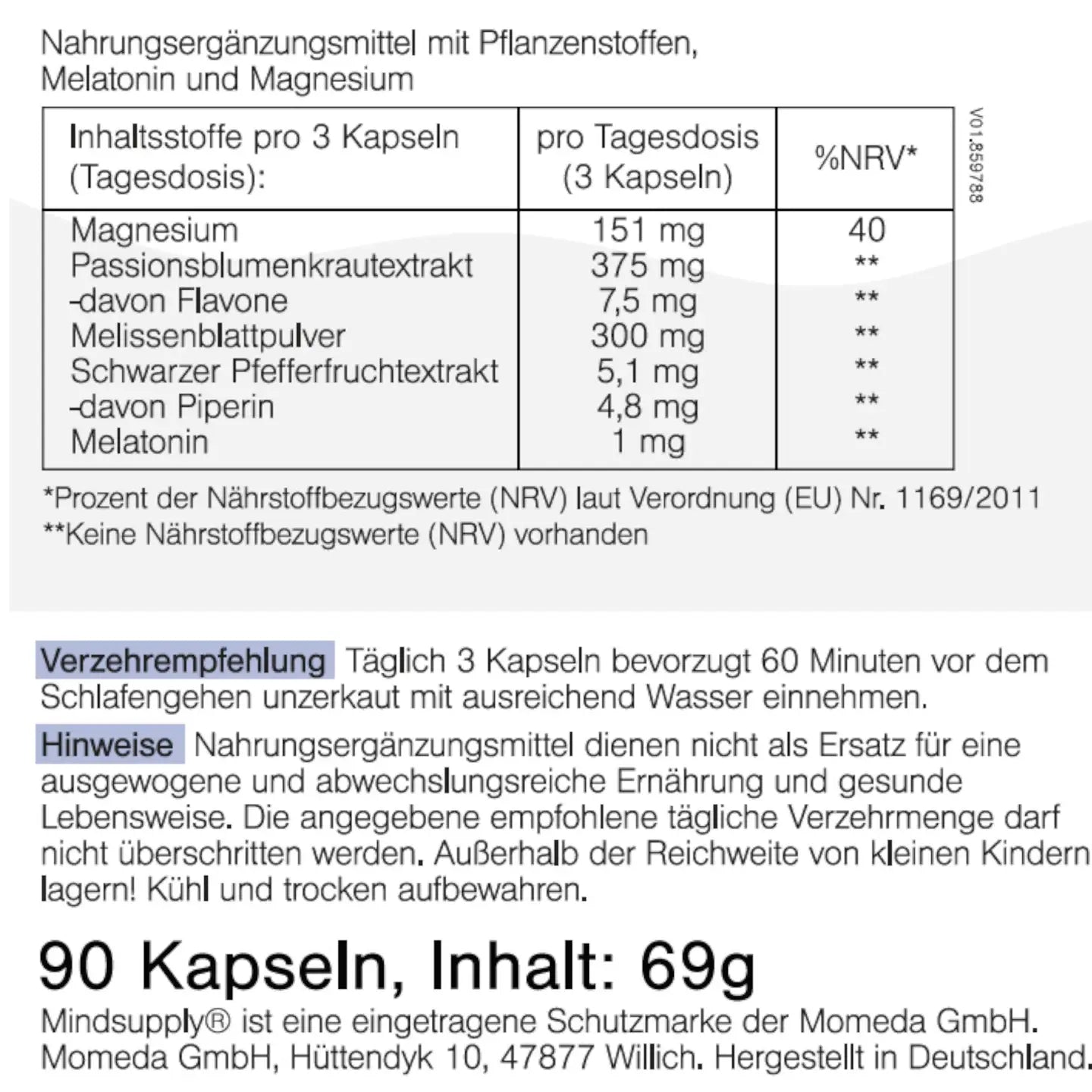 Inhaltsstoffe Veganer sleep supplement in Tabelle mit Verzehrungsempfehlung und Hinweise