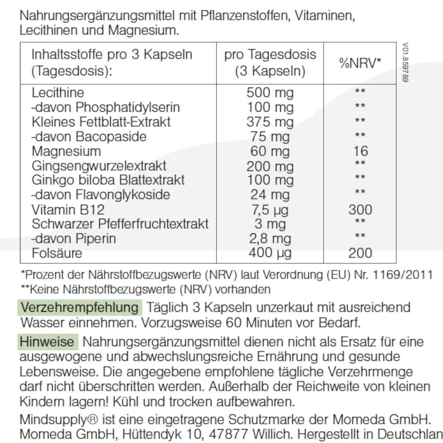 detaillierte Auflistung aller Inhaltsstoffe des focus Supplements mit verzehrempfelung und Hinweise