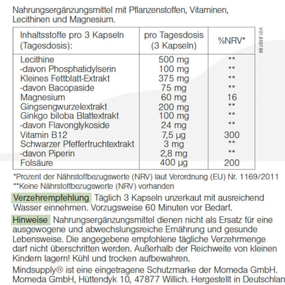 detaillierte Auflistung aller Inhaltsstoffe des focus Supplements mit verzehrempfelung und Hinweise