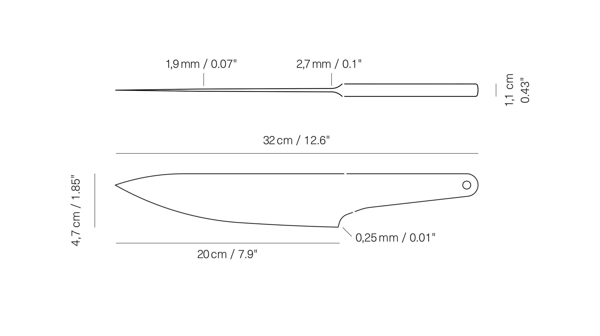 Technische Zeichnung eines Kochmessers mit Maßen 20 cm Klinge