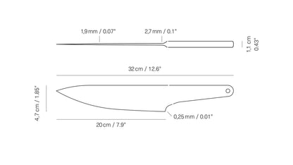 Technische Zeichnung eines Kochmessers mit Maßen 20 cm Klinge