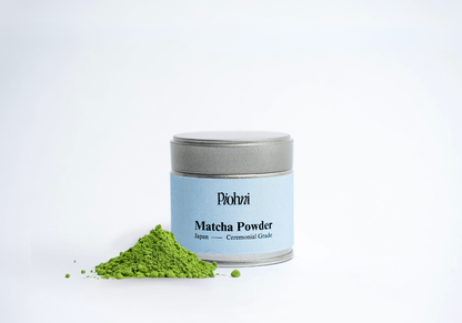 Matcha edenstahl dose frontal mit Inhalt, grünes Matcha Pulver 