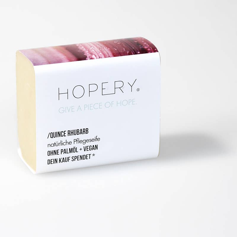 Hopery Seife Quitte Rhabarber mit Verpackung, seitliche Ansicht