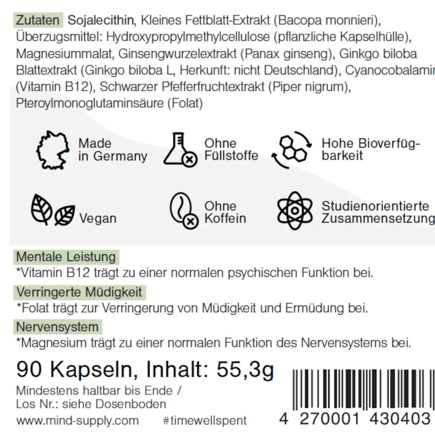 Detaillierte Zutatenliste für Focus supplement mit Icons und Health claims 
