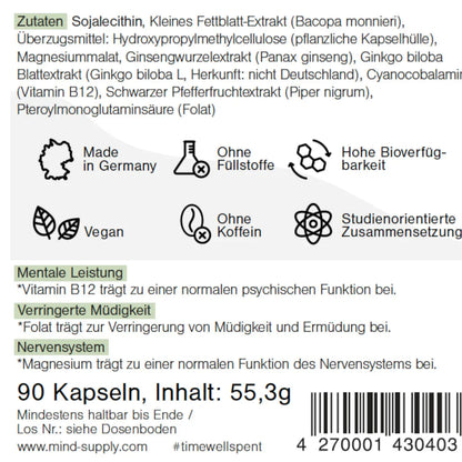 Detaillierte Zutatenliste für Focus supplement mit Icons und Health claims 