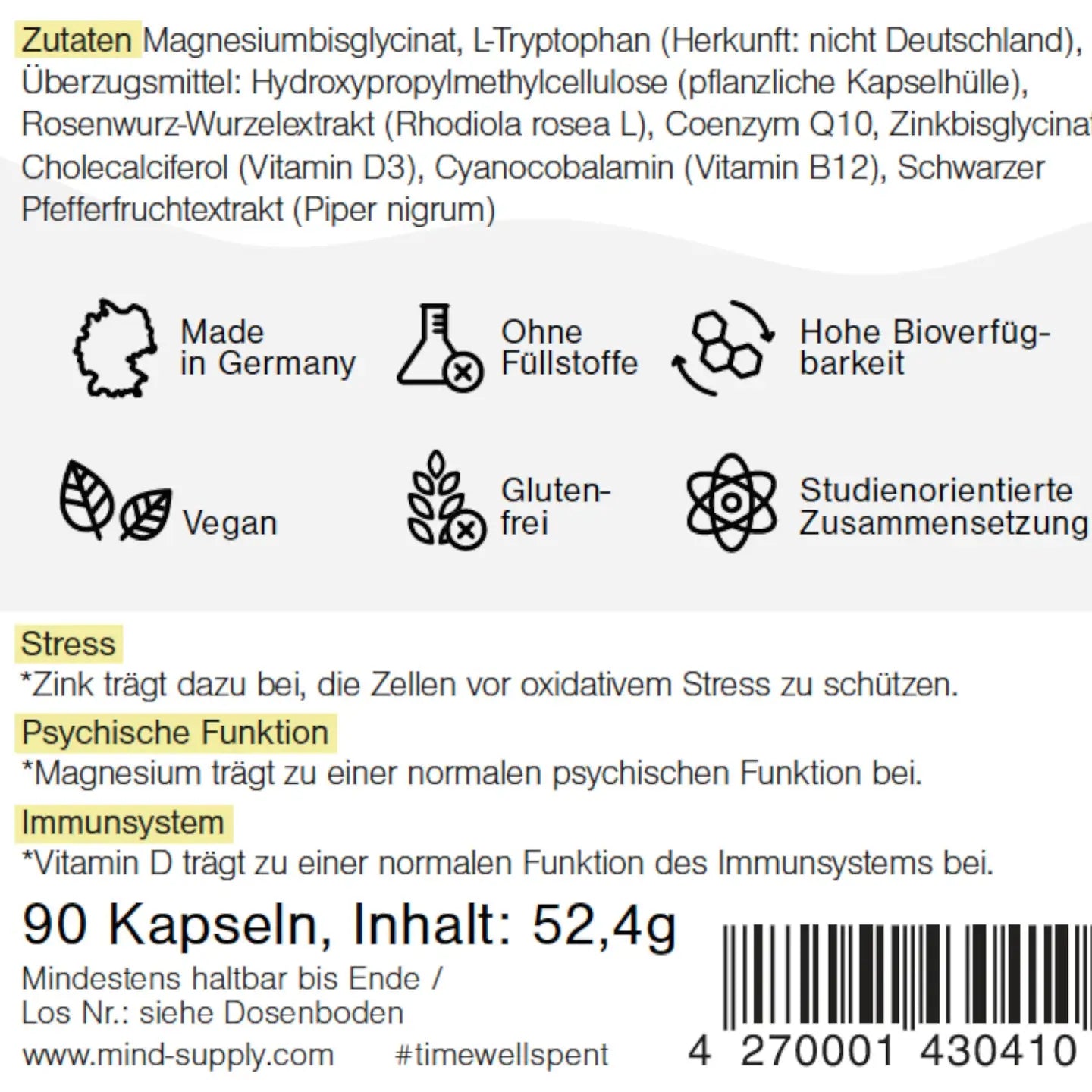 detallierte Zutatenliste schwarz Schrift mit Symbolen und Health Claims 