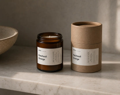Sojakerze Patchouli Orange brennend neben Kraftpapier-Verpackung