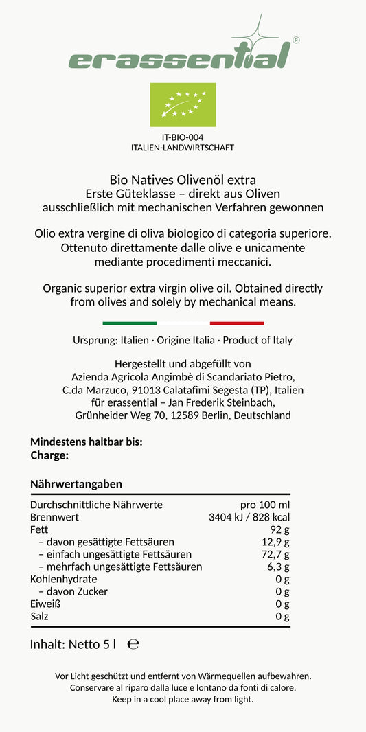 Rückseite des erassential Olivenöl-Kanisters mit Nährwerttabelle und Herkunftsangaben