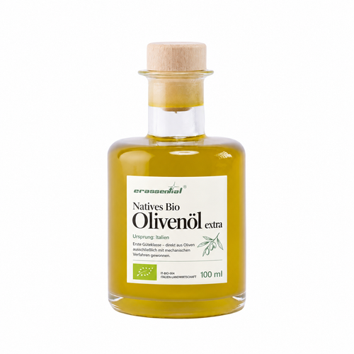 Natives BIO Olivenöl Extra von erassential in der zylindrischen Geschenkflasche mit 100 ml und Holzkorken