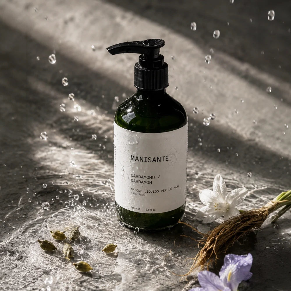 Manisante Kardamom Handseife mit Wasserspritzern und Kardamomkapseln