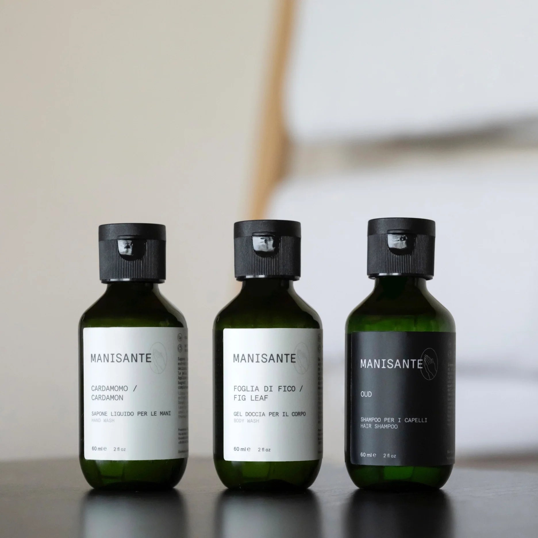 Manisante Reiseset: Kardamom Handseife, Fig Leaf Duschgel und Oud Shampoo