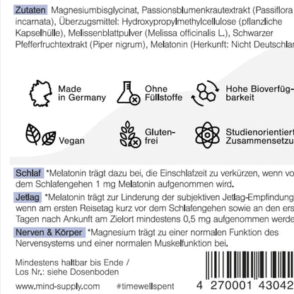 Sleep supplement Zutaten mit Health claims und Symbolen 